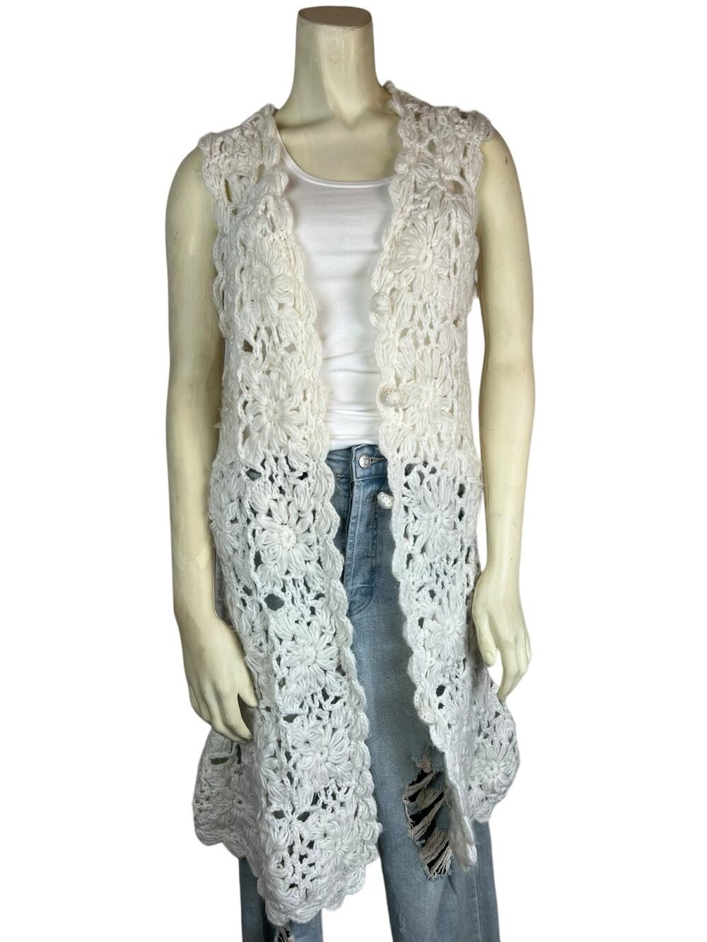 Camford Vintage Floral Crochet Sweater Vest Duster Boho Open Knit Layering Vtg